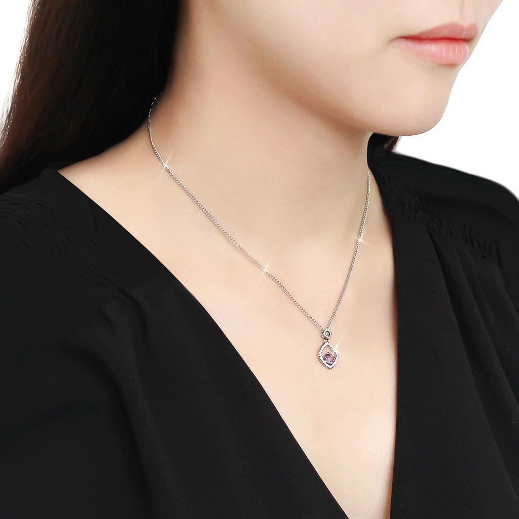 DA229 High Polished Stainless Steel Chain Pendant featuring an Amethyst CZ stone, showcasing its elegant design and high-quality finish.