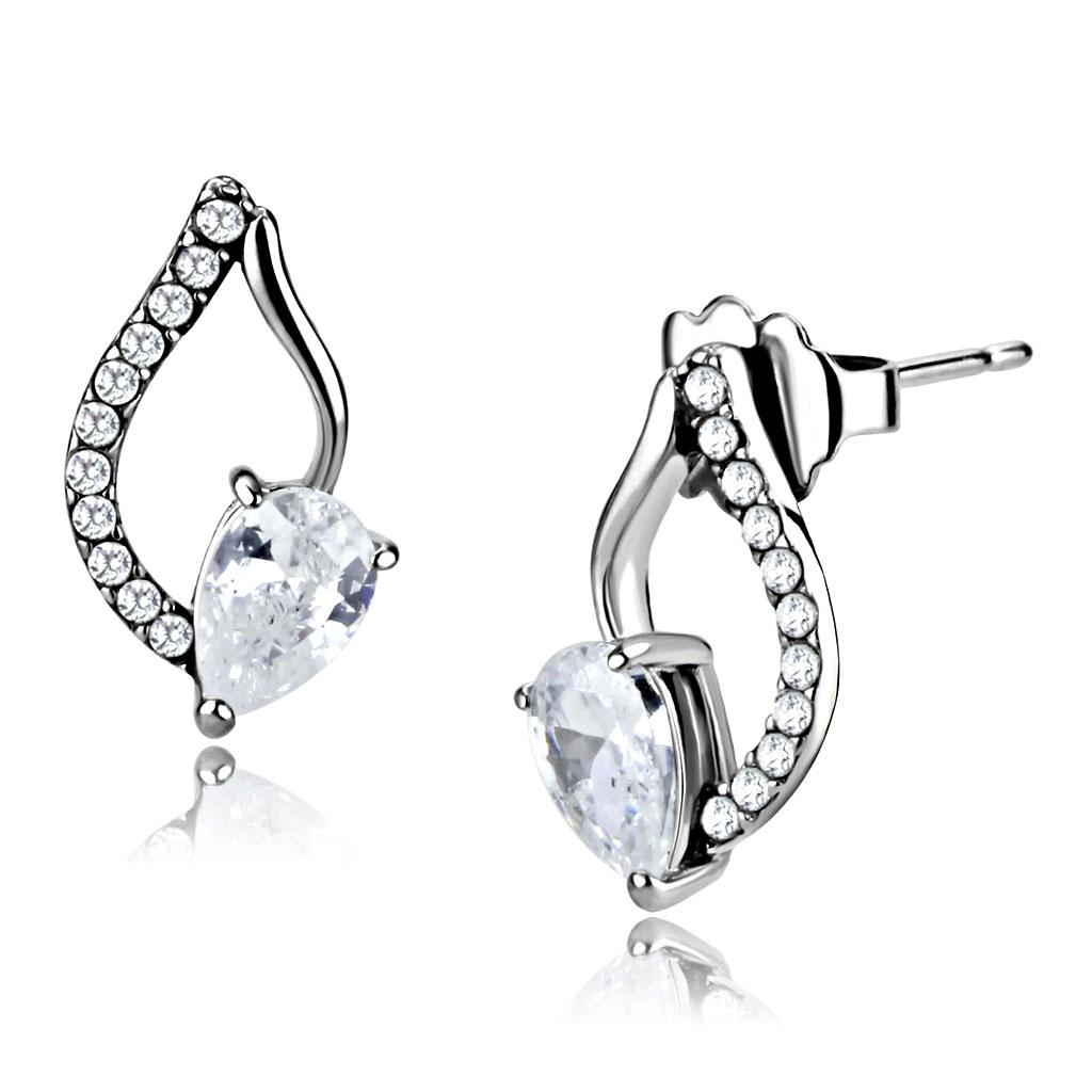 DA290 High Polished Stainless Steel Earrings featuring AAA Grade Clear CZ center stone, showcasing a sleek and elegant design.