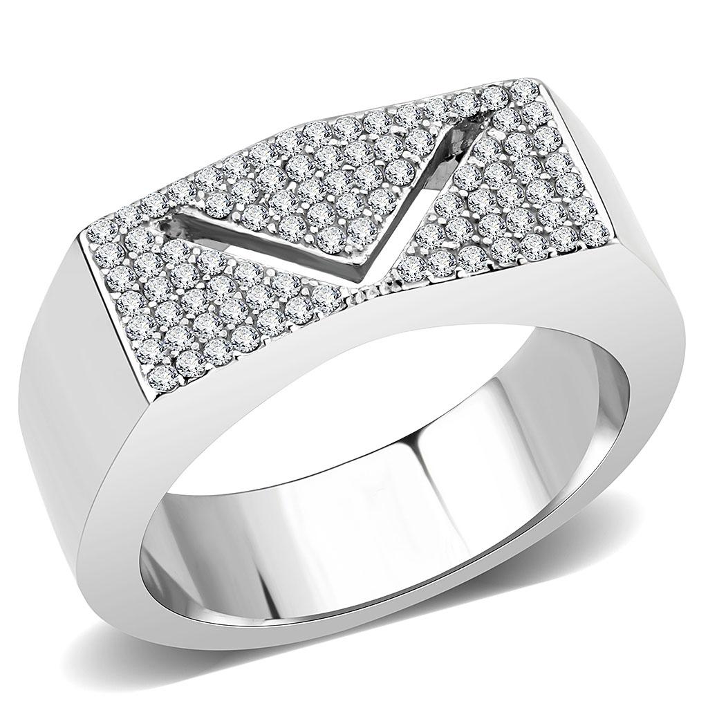 DA303 No Plating Stainless Steel Ring featuring a clear AAA Grade CZ center stone, showcasing its elegant design and high-quality finish.