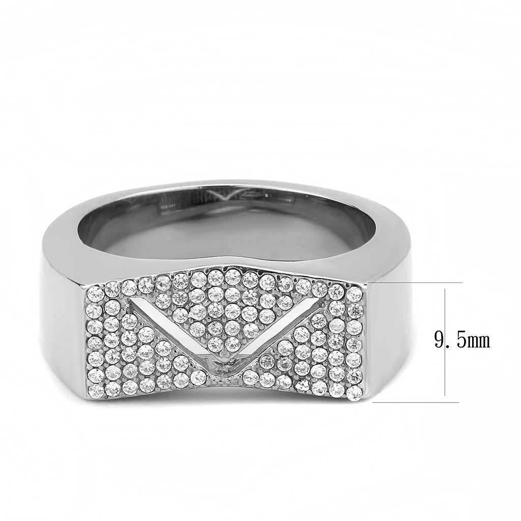 DA303 No Plating Stainless Steel Ring featuring a clear AAA Grade CZ center stone, showcasing its elegant design and high-quality finish.