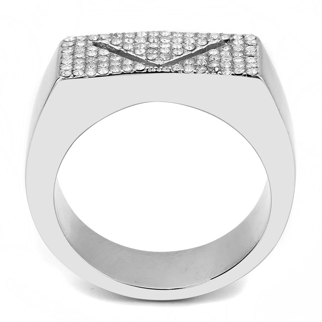 DA303 No Plating Stainless Steel Ring featuring a clear AAA Grade CZ center stone, showcasing its elegant design and high-quality finish.