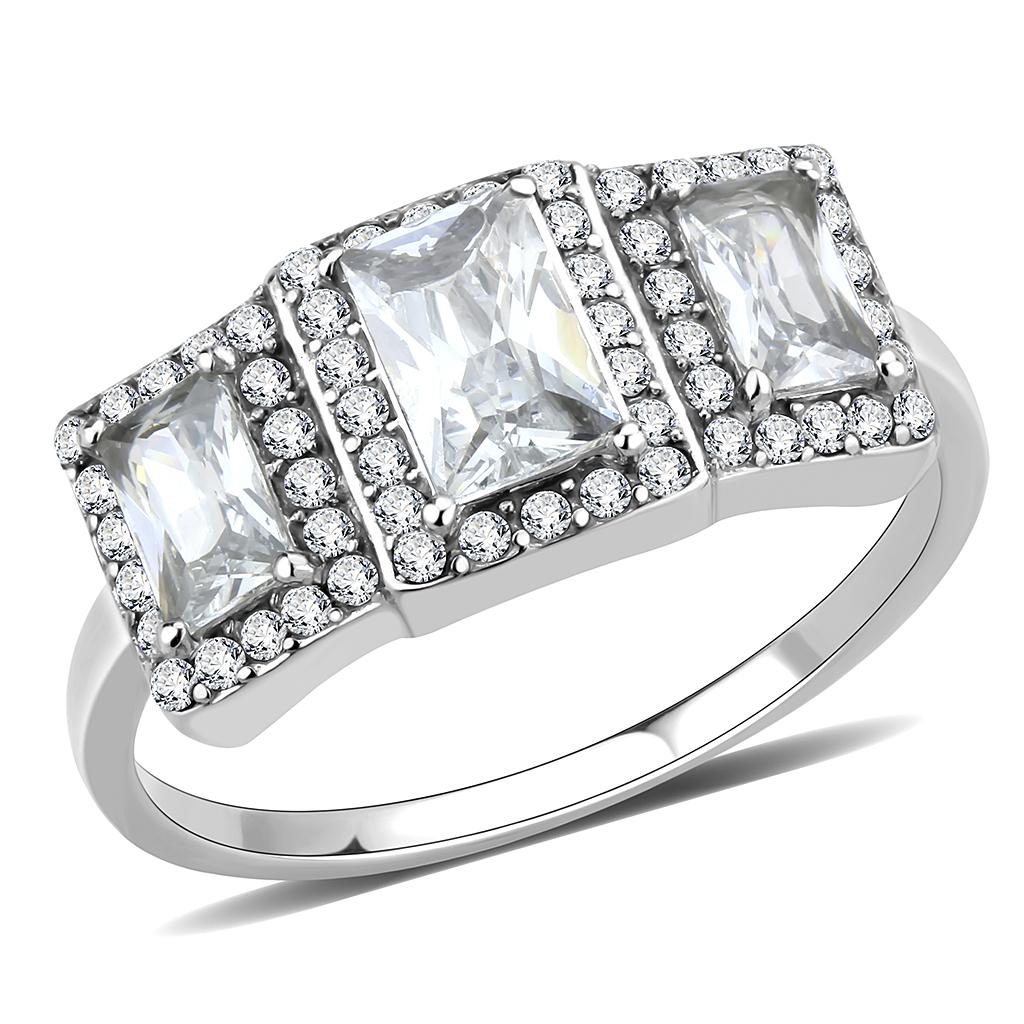 DA322 No Plating Stainless Steel Ring featuring a clear AAA Grade CZ stone, showcasing its elegant design and lightweight structure.