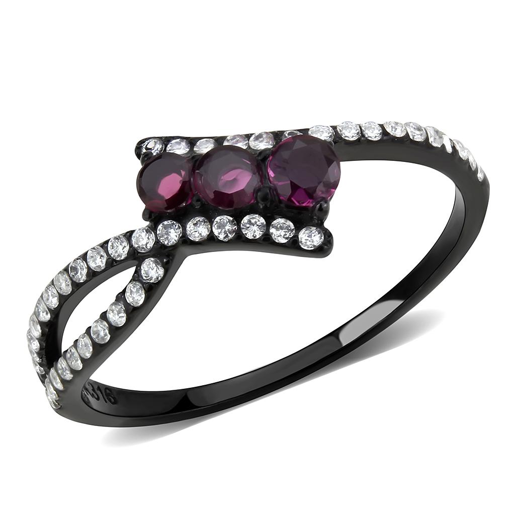 DA324 IP Black Stainless Steel Ring featuring a vibrant fuchsia AAA Grade CZ center stone, showcasing a modern and elegant design.