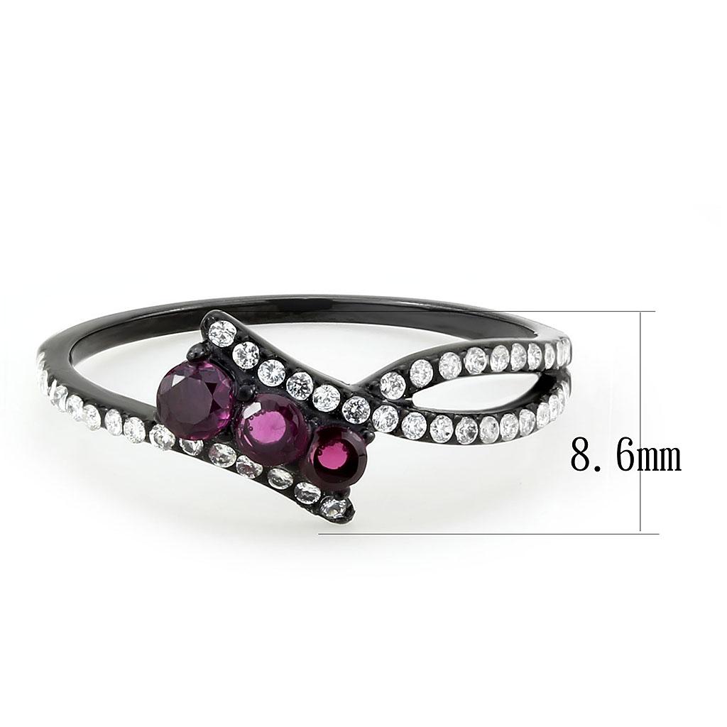 DA324 IP Black Stainless Steel Ring featuring a vibrant fuchsia AAA Grade CZ center stone, showcasing a modern and elegant design.