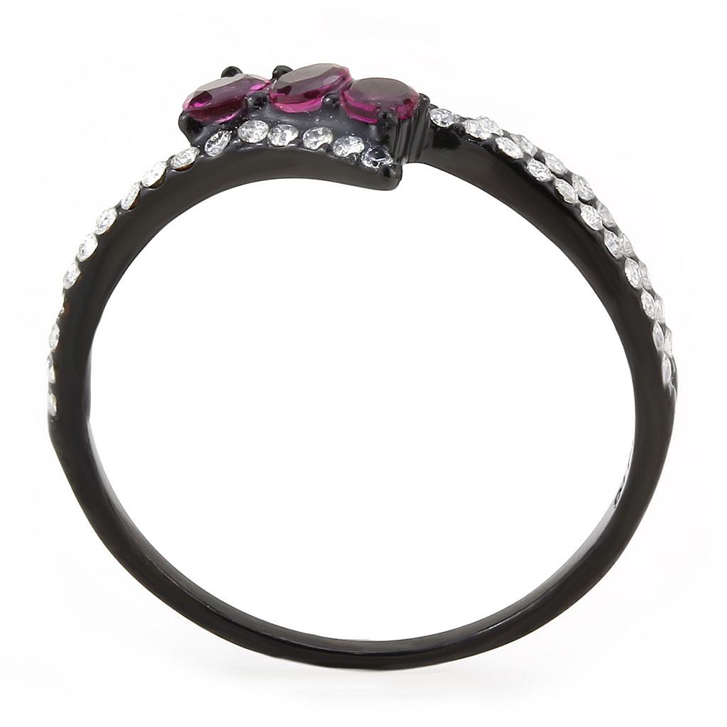 DA324 IP Black Stainless Steel Ring featuring a vibrant fuchsia AAA Grade CZ center stone, showcasing a modern and elegant design.