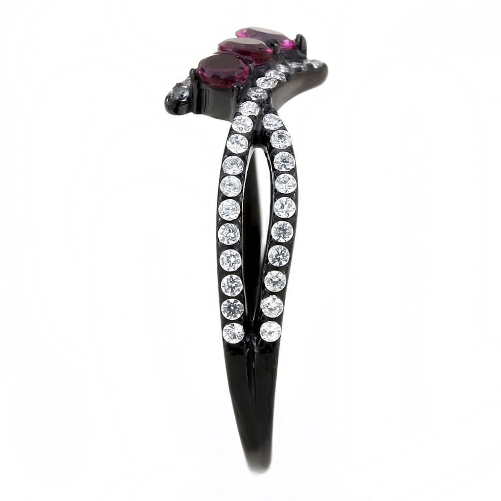 DA324 IP Black Stainless Steel Ring featuring a vibrant fuchsia AAA Grade CZ center stone, showcasing a modern and elegant design.