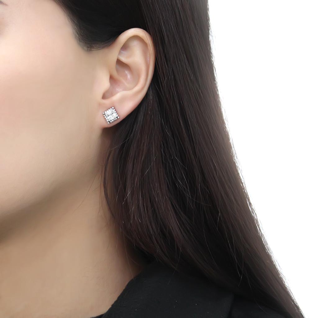 DA326 No Plating Stainless Steel Earrings featuring AAA Grade CZ, showcasing a clear stone and sleek design.