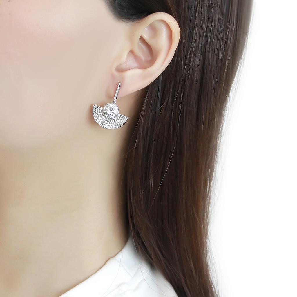 DA334 No Plating Stainless Steel Earrings featuring AAA Grade CZ, showcasing a clear center stone and sleek design.