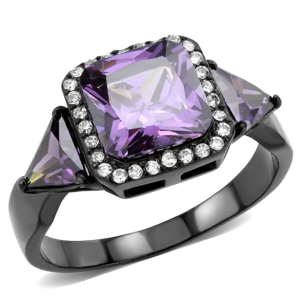 DA346 IP Black Stainless Steel Ring featuring AAA Grade CZ in amethyst color, showcasing its elegant design and durable material.