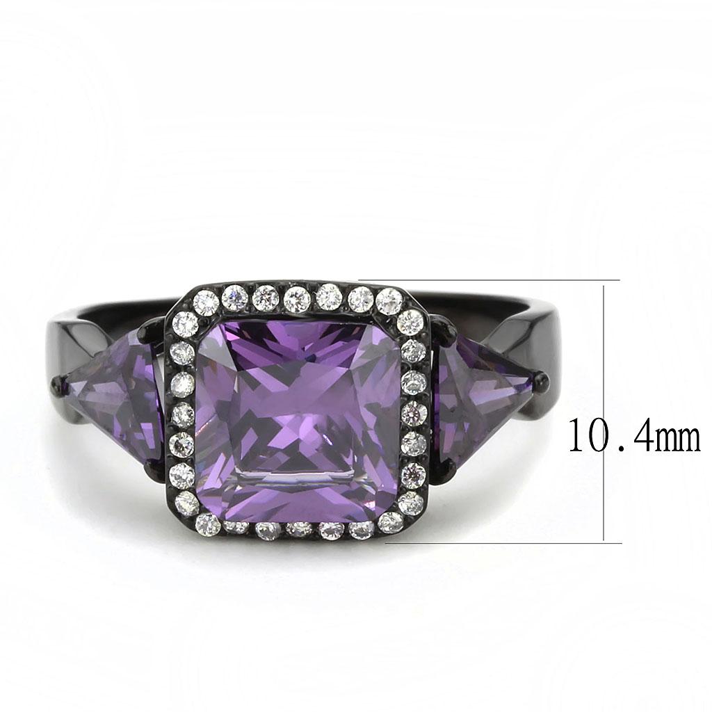 DA346 IP Black Stainless Steel Ring featuring AAA Grade CZ in amethyst color, showcasing its elegant design and durable material.