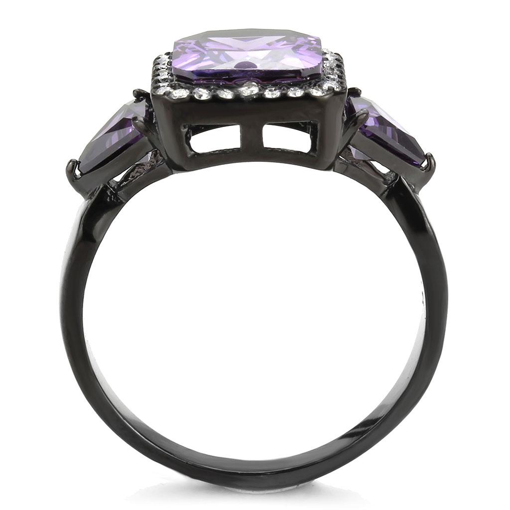 DA346 IP Black Stainless Steel Ring featuring AAA Grade CZ in amethyst color, showcasing its elegant design and durable material.