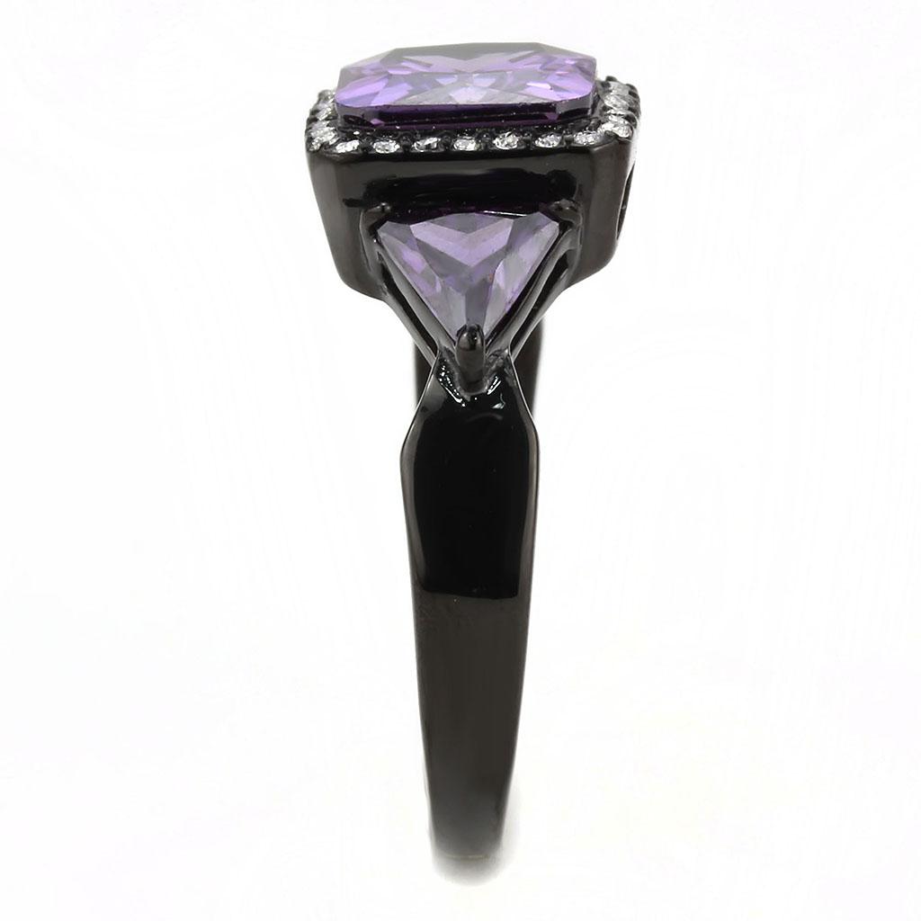 DA346 IP Black Stainless Steel Ring featuring AAA Grade CZ in amethyst color, showcasing its elegant design and durable material.