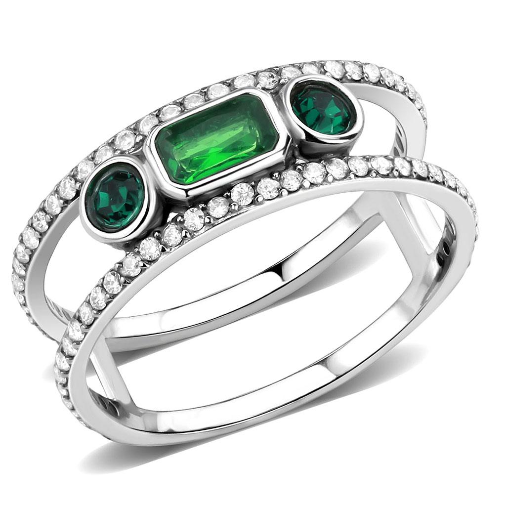 DA348 High Polished Stainless Steel Ring featuring a synthetic emerald stone, showcasing a sleek and shiny design.