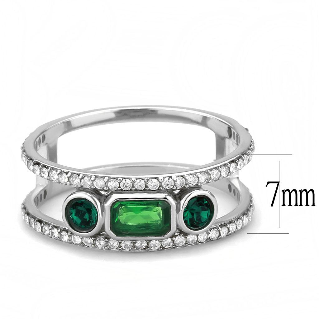 DA348 High Polished Stainless Steel Ring featuring a synthetic emerald stone, showcasing a sleek and shiny design.