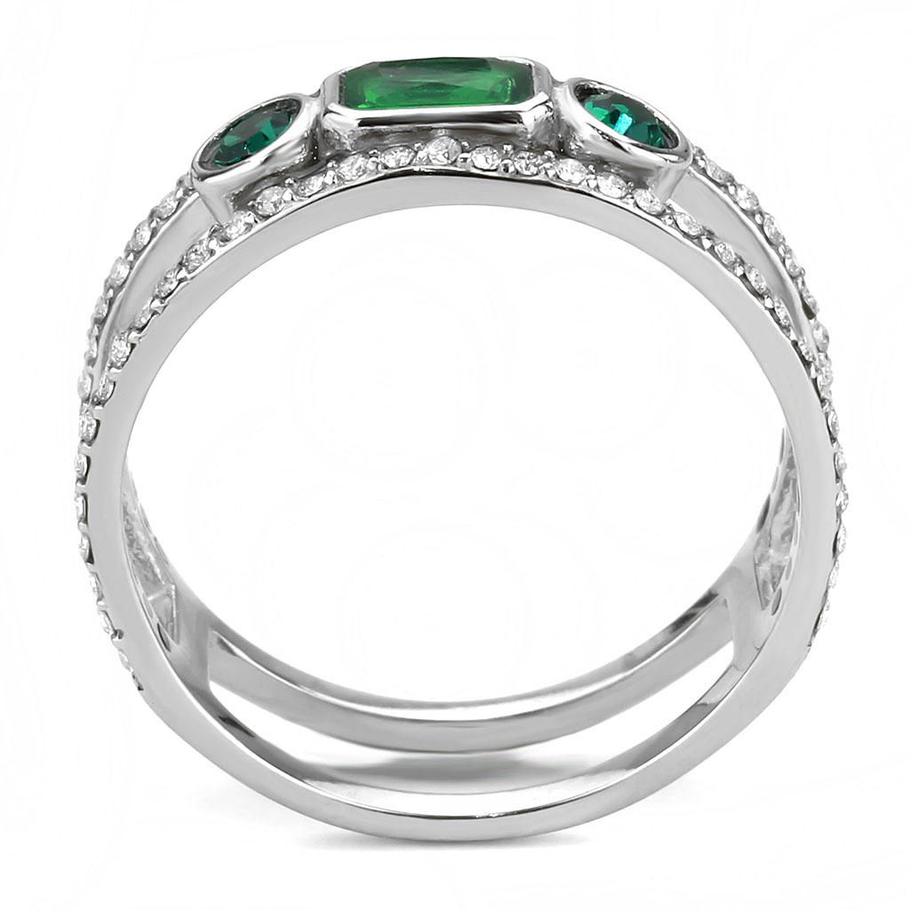 DA348 High Polished Stainless Steel Ring featuring a synthetic emerald stone, showcasing a sleek and shiny design.