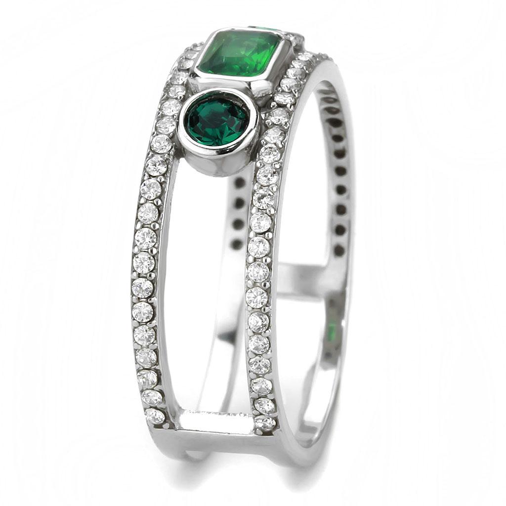 DA348 High Polished Stainless Steel Ring featuring a synthetic emerald stone, showcasing a sleek and shiny design.