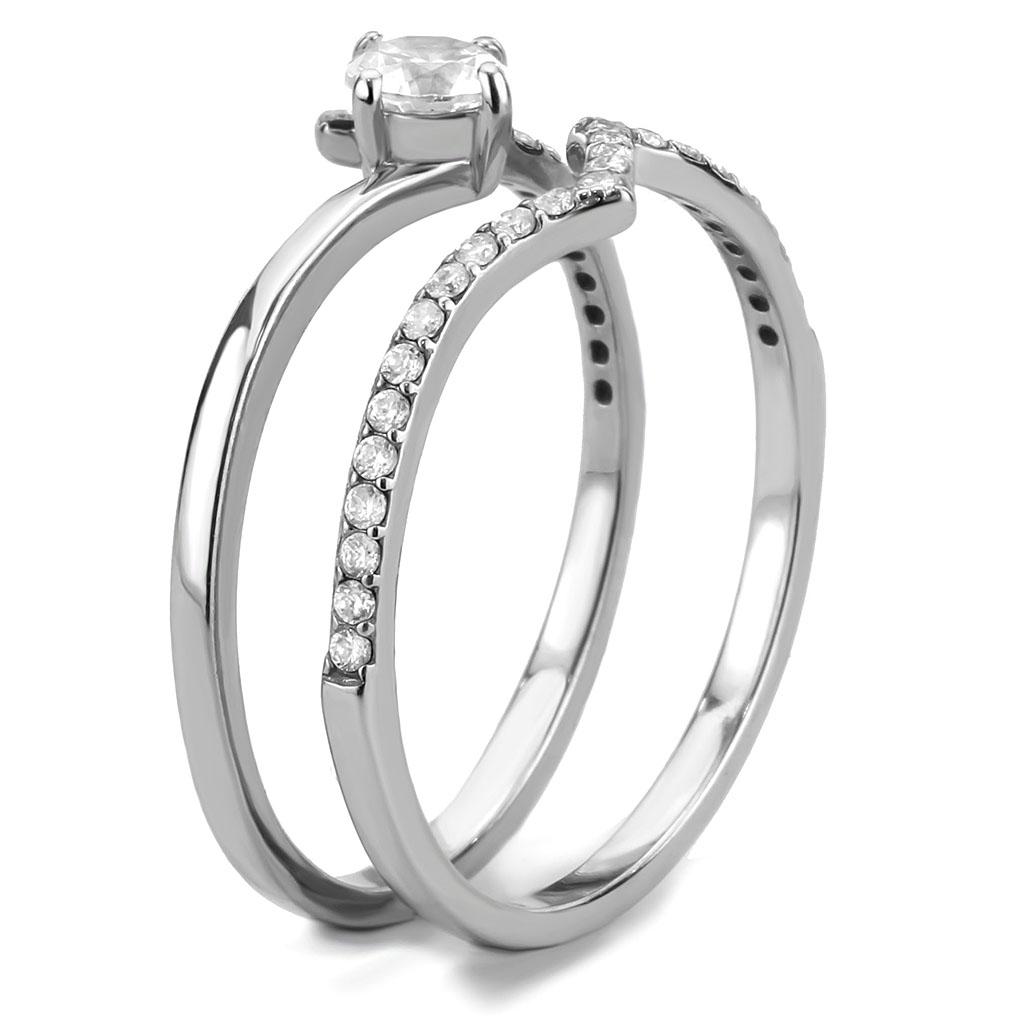 DA350 High Polished Stainless Steel Ring featuring a clear AAA Grade cubic zirconia center stone, showcasing its elegant design and shine.