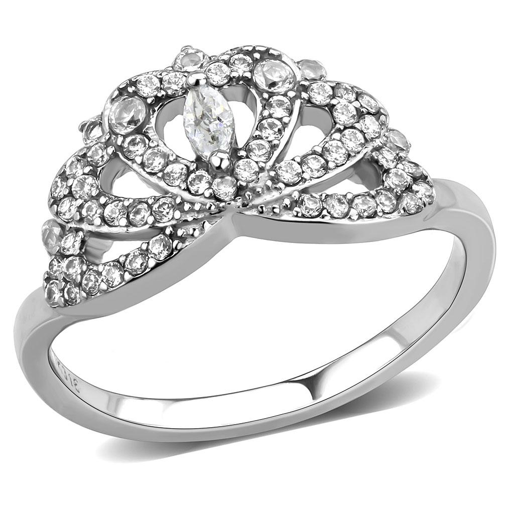 DA354 High Polished Stainless Steel Ring featuring a clear AAA Grade cubic zirconia center stone, showcasing its elegant design and shine.