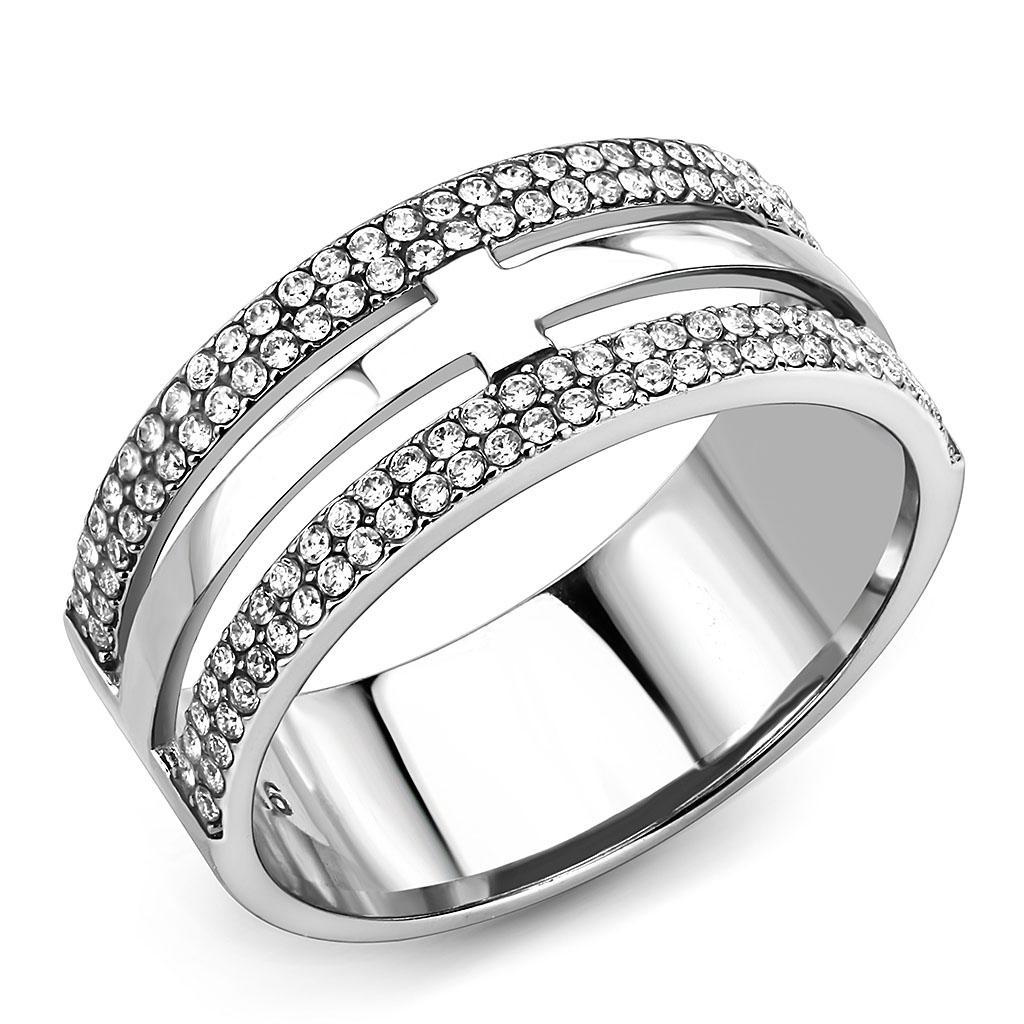 DA366 High Polished Stainless Steel Ring featuring AAA Grade clear cubic zirconia stone, showcasing its elegant design and shine.