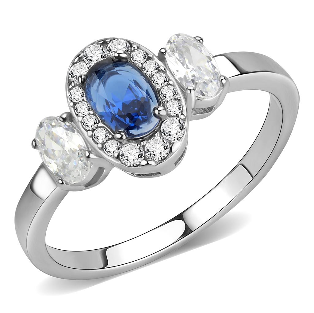 DA337 No Plating Stainless Steel Ring featuring a vibrant London Blue Synthetic Spinel, showcasing its sleek design and modern appeal.