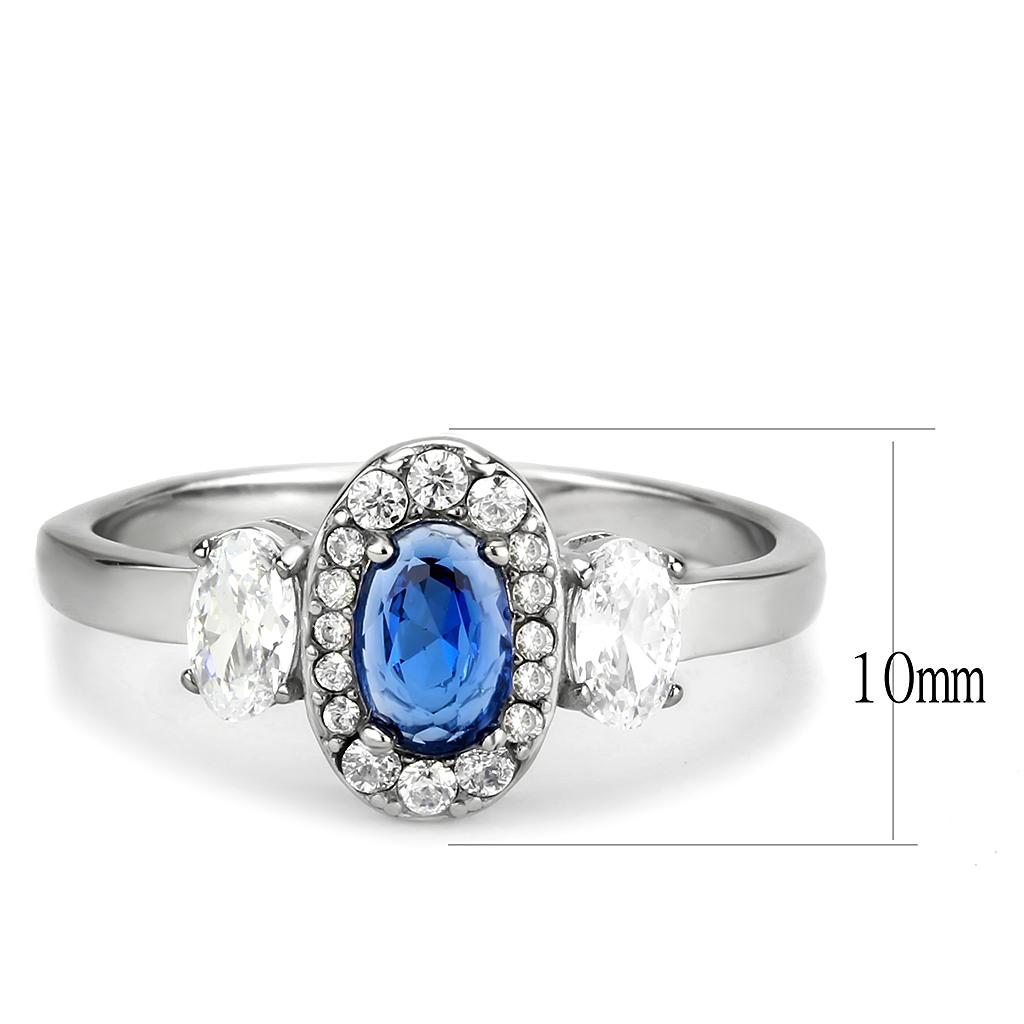 DA337 No Plating Stainless Steel Ring featuring a vibrant London Blue Synthetic Spinel, showcasing its sleek design and modern appeal.