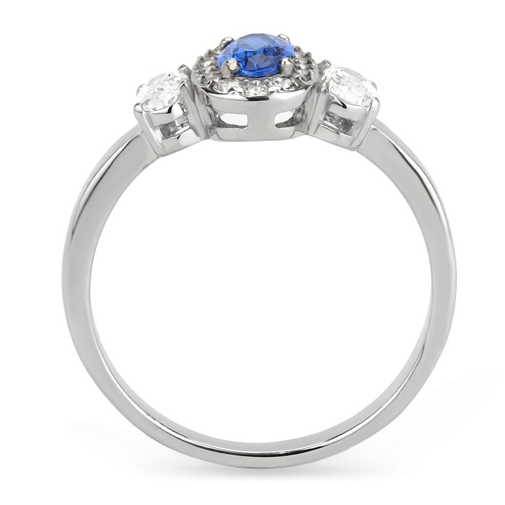 DA337 No Plating Stainless Steel Ring featuring a vibrant London Blue Synthetic Spinel, showcasing its sleek design and modern appeal.