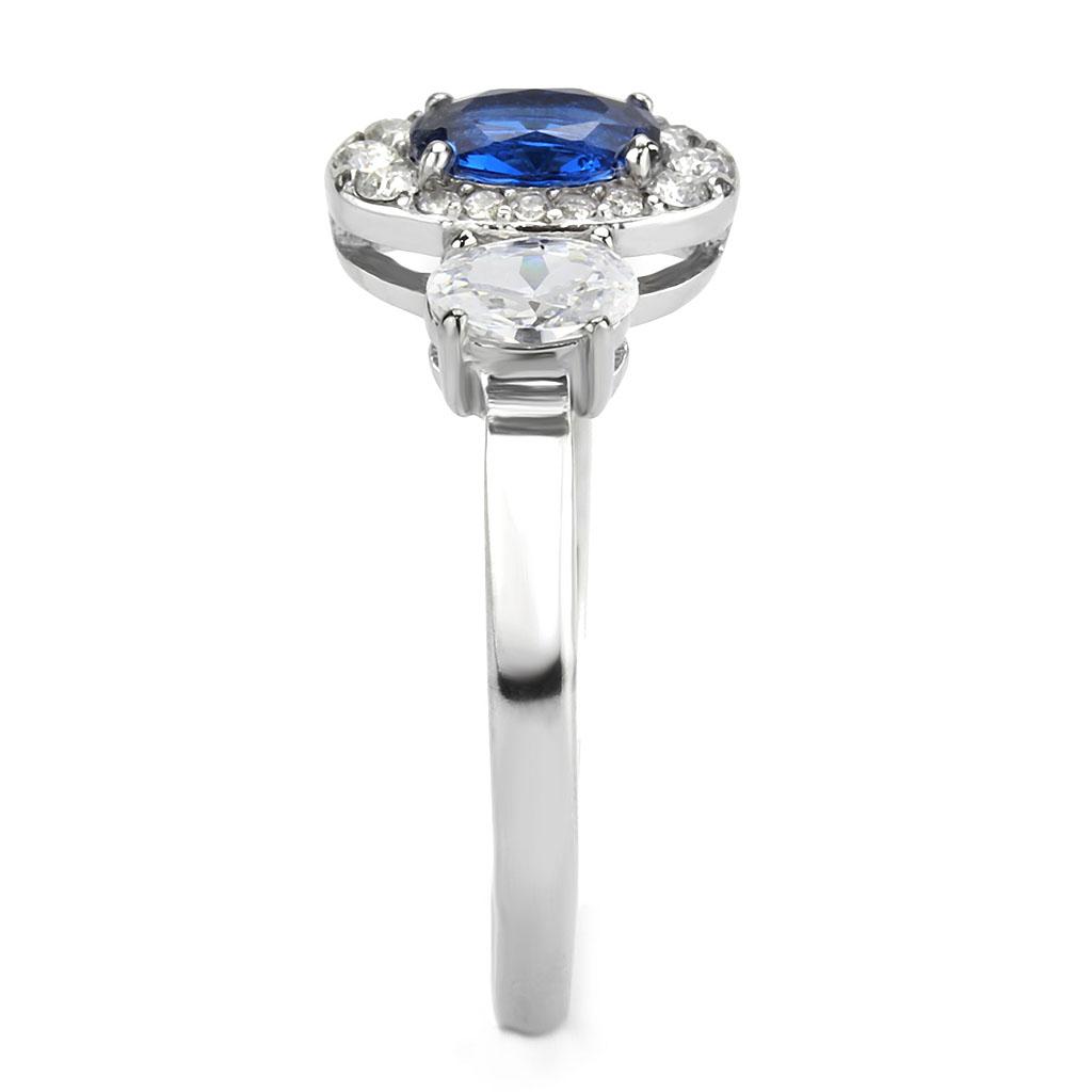 DA337 No Plating Stainless Steel Ring featuring a vibrant London Blue Synthetic Spinel, showcasing its sleek design and modern appeal.