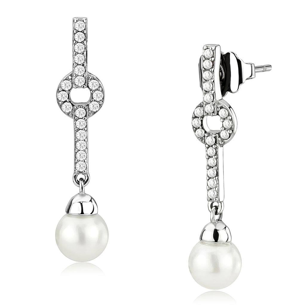 DA370 high polished stainless steel earrings featuring a white synthetic pearl center, elegantly designed for everyday wear.