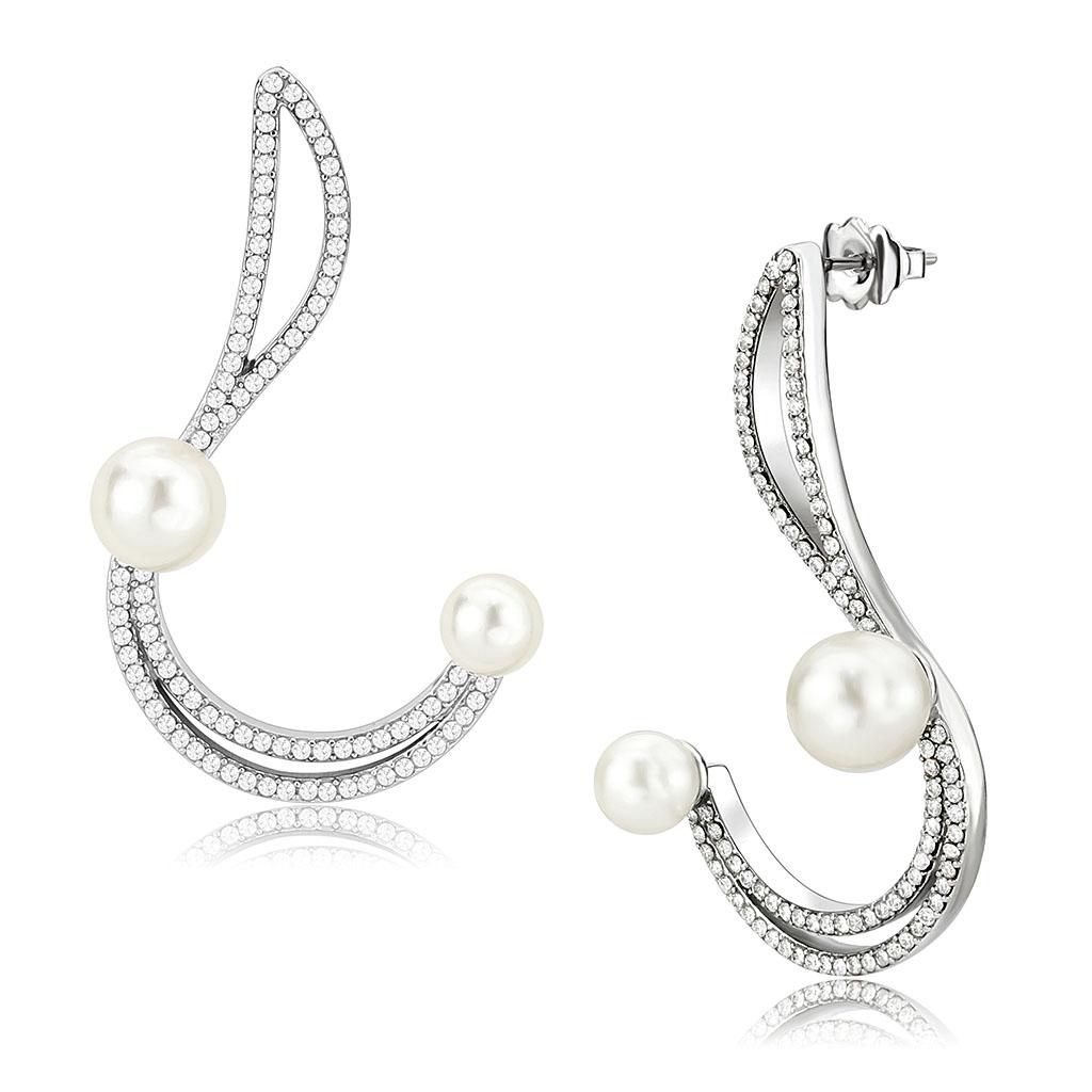 DA375 High Polished Stainless Steel Earrings featuring a white synthetic pearl centerpiece, showcasing a shiny and elegant design.