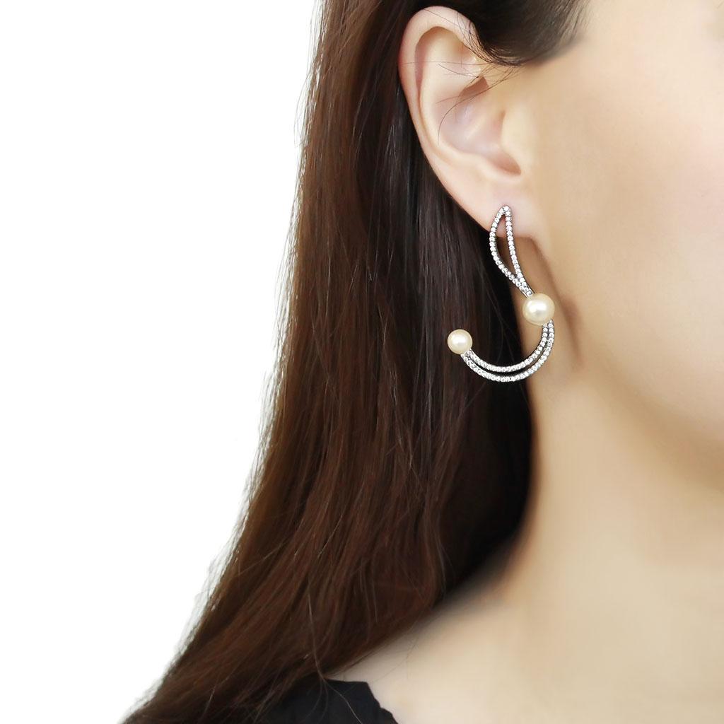 DA375 High Polished Stainless Steel Earrings featuring a white synthetic pearl centerpiece, showcasing a shiny and elegant design.