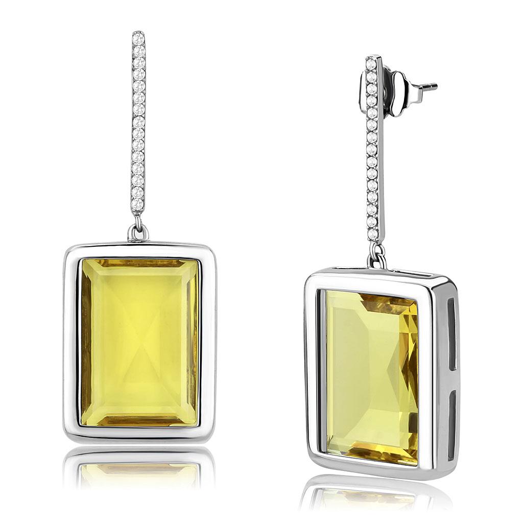 DA378 High Polished Stainless Steel Earrings featuring a vibrant Topaz crystal centerpiece, showcasing a sleek and modern design.