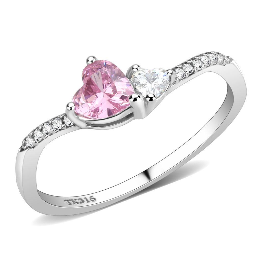 DA384 High Polished Stainless Steel Ring featuring a AAA Grade CZ stone in rose color, showcasing its elegant design and high polish finish.