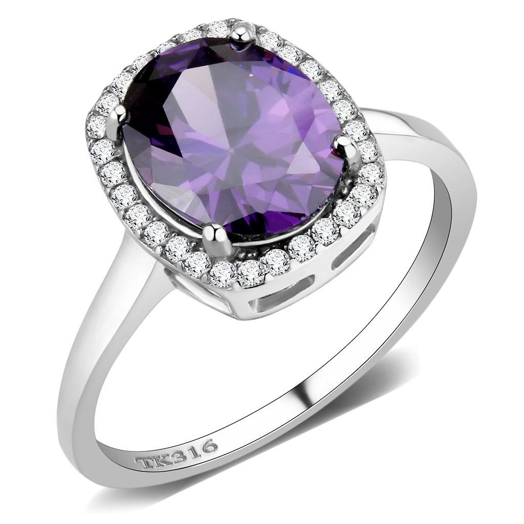 DA385 High Polished Stainless Steel Ring featuring a AAA Grade Amethyst stone, showcasing its elegant design and shiny finish.