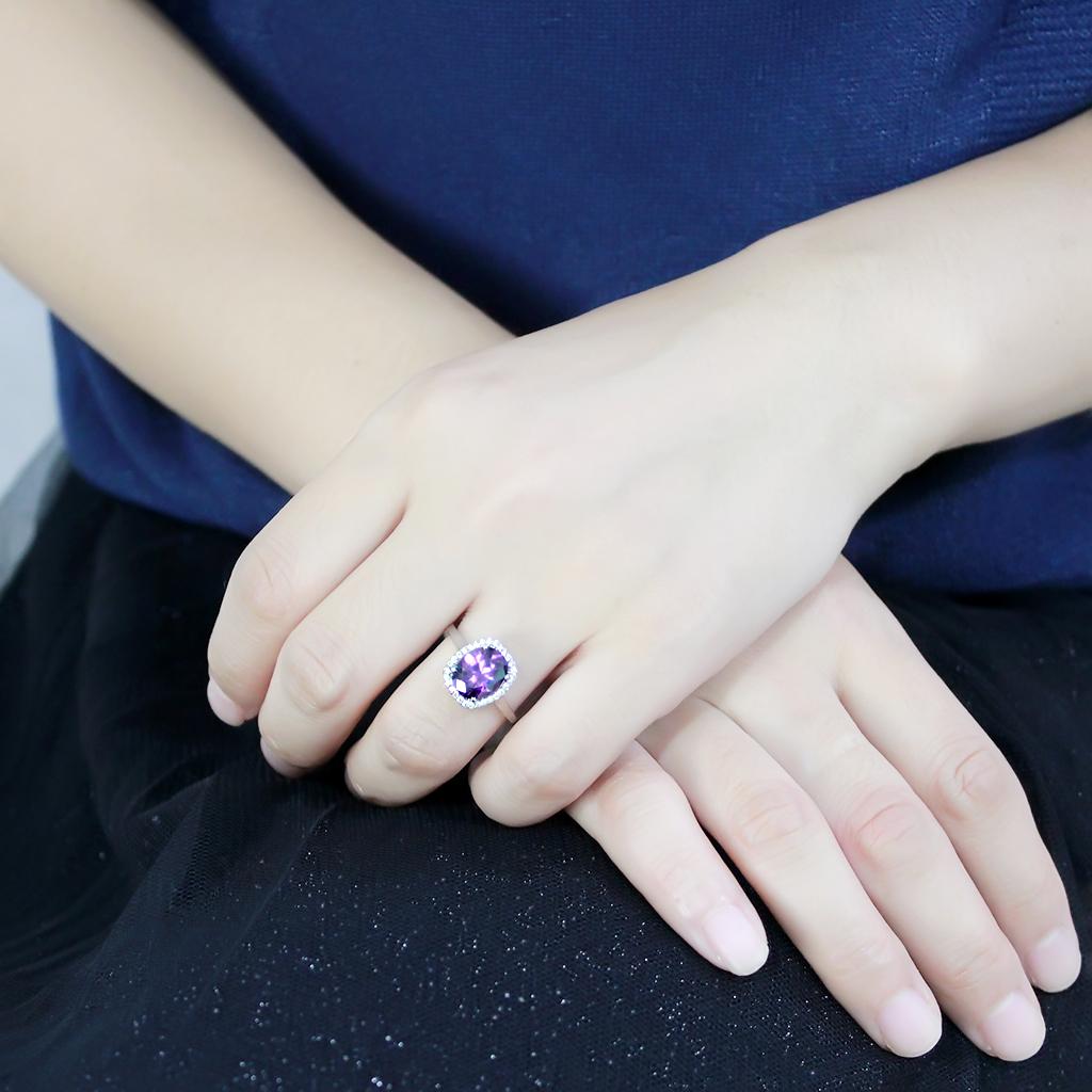 DA385 High Polished Stainless Steel Ring featuring a AAA Grade Amethyst stone, showcasing its elegant design and shiny finish.