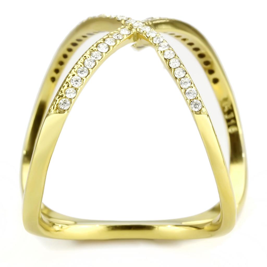 DA387 IP Gold Stainless Steel Ring featuring a clear AAA Grade CZ center stone, showcasing its elegant design and luxurious finish.