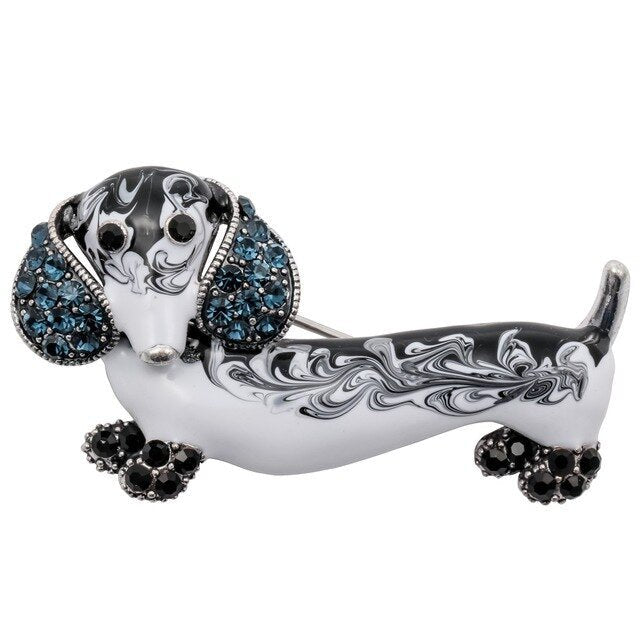 Dachshund Dog Brooch Pin featuring crystal and enamel in gold and silver colors, designed for women.