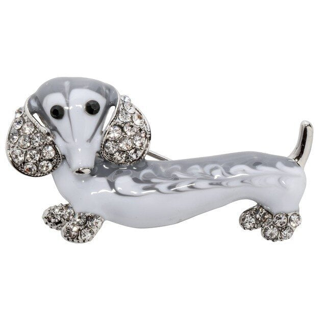 Dachshund Dog Brooch Pin featuring crystal and enamel in gold and silver colors, designed for women.