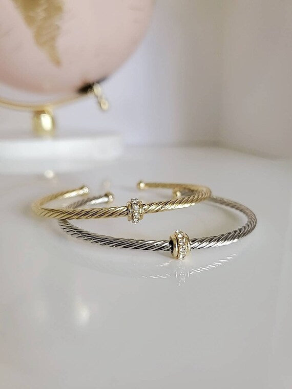 Dainty Cable Bangle in Gold and Silver, featuring a delicate 18K Gold Filled design with a stylish cable pattern.