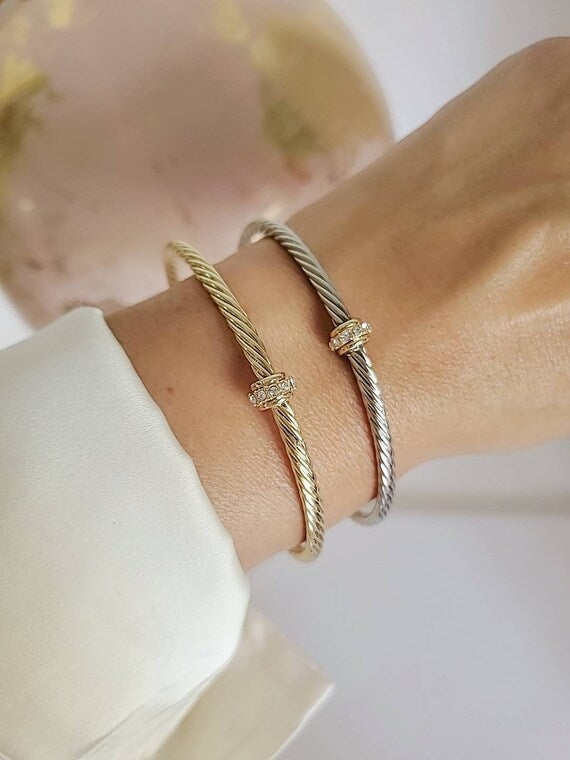 Dainty Cable Bangle in Gold and Silver, featuring a delicate 18K Gold Filled design with a stylish cable pattern.