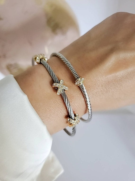 Dainty Cable Bangle in Gold and Silver, featuring a delicate 18K Gold Filled design with a stylish cable pattern.