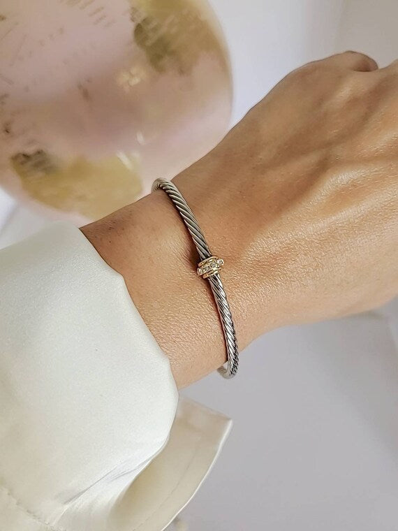 Dainty Cable Bangle in Gold and Silver, featuring a delicate 18K Gold Filled design with a stylish cable pattern.