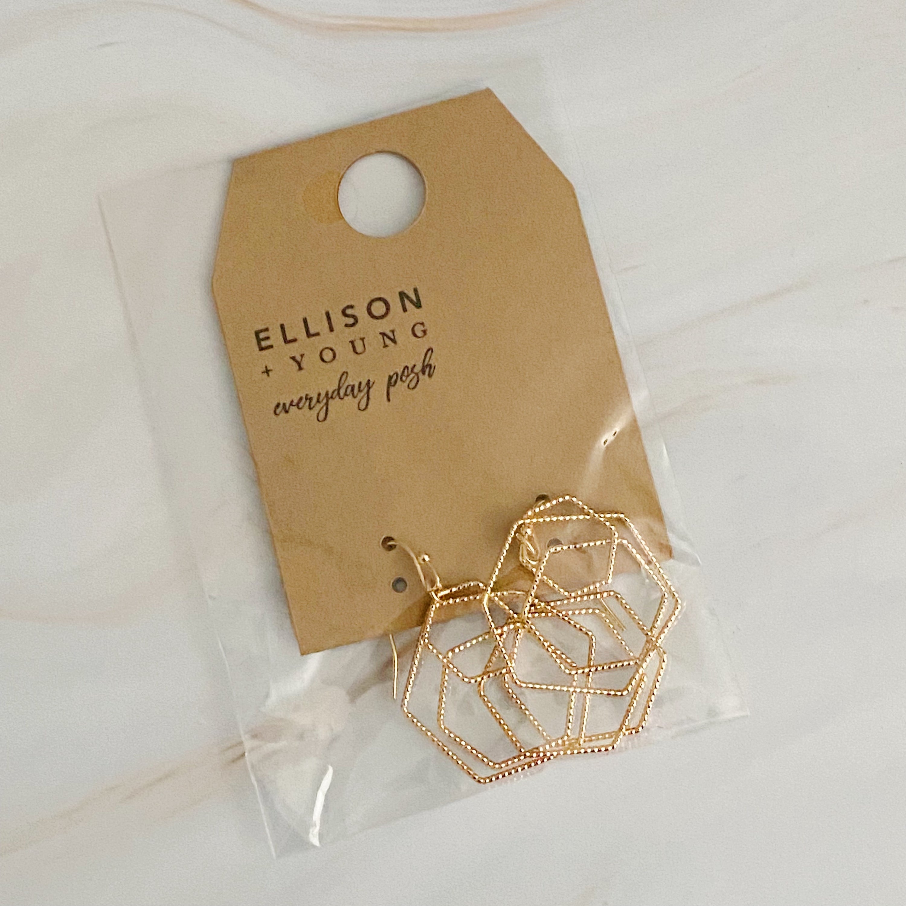 Dainty Dimensional Drop Earrings featuring hexagon designs in gold plated alloy, showcasing a beautiful shine and lightweight construction.