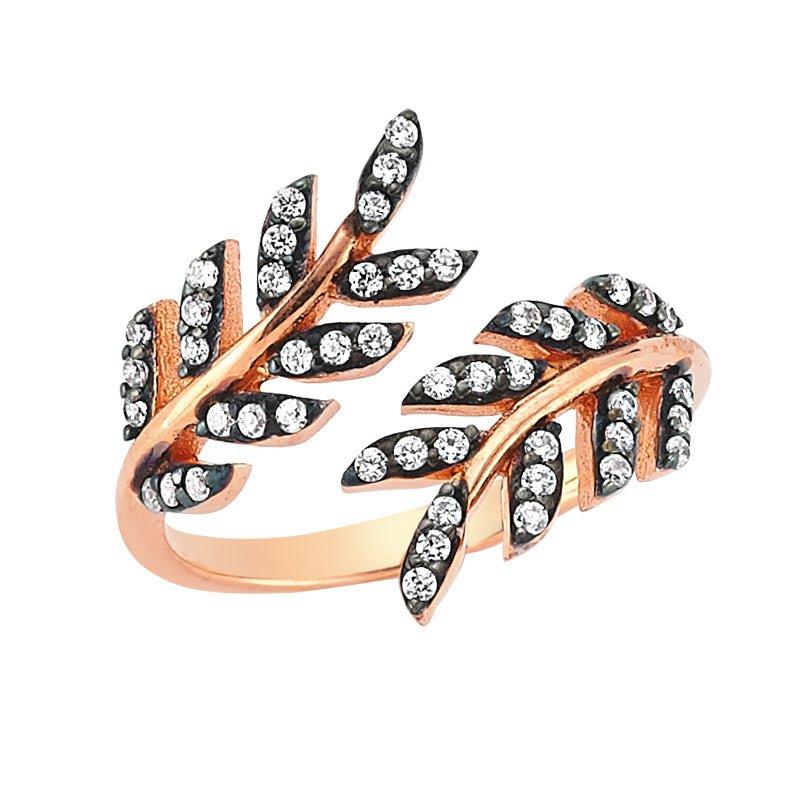 Dainty Leaves Silver Wrap Ring in Rose Gold with sparkling clear CZ crystals, showcasing intricate leaf design.