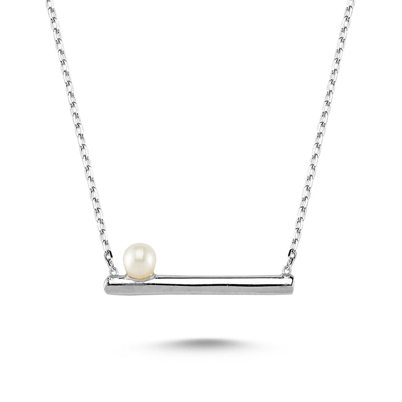 Dainty Lyra Pearl Necklace in Silver featuring a freshwater pearl pendant on a delicate silver chain.