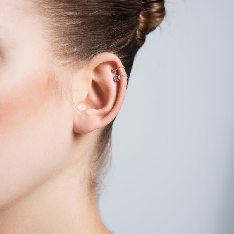 Dainty Simple Mini Bezel Ear Cuff Earrings in Silver with clear CZ crystals, handmade from 925 sterling silver.