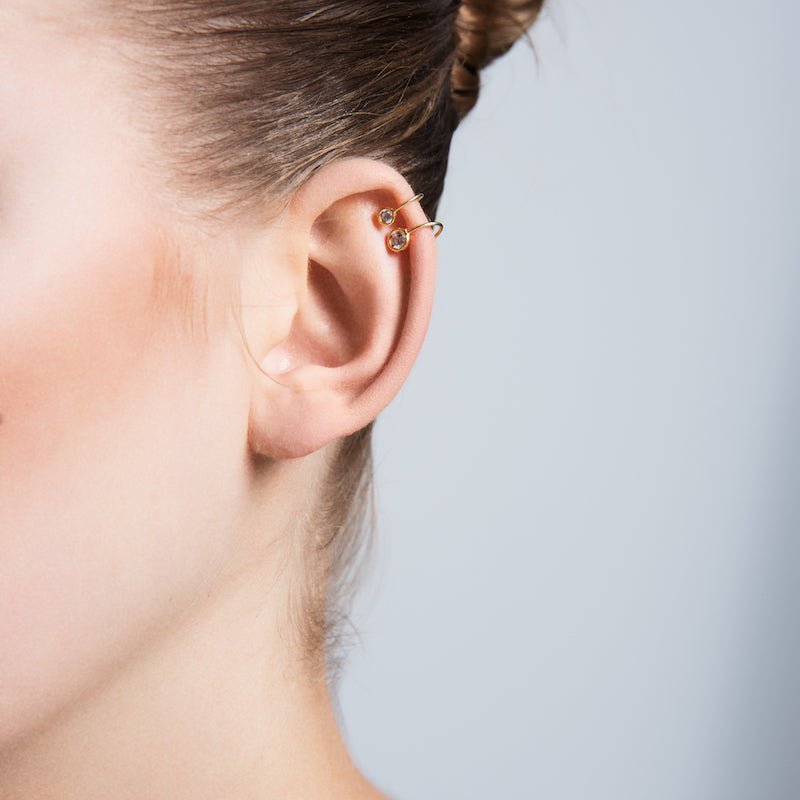 Dainty Simple Mini Bezel Ear Cuff Earrings in Silver with clear CZ crystals, handmade from 925 sterling silver.