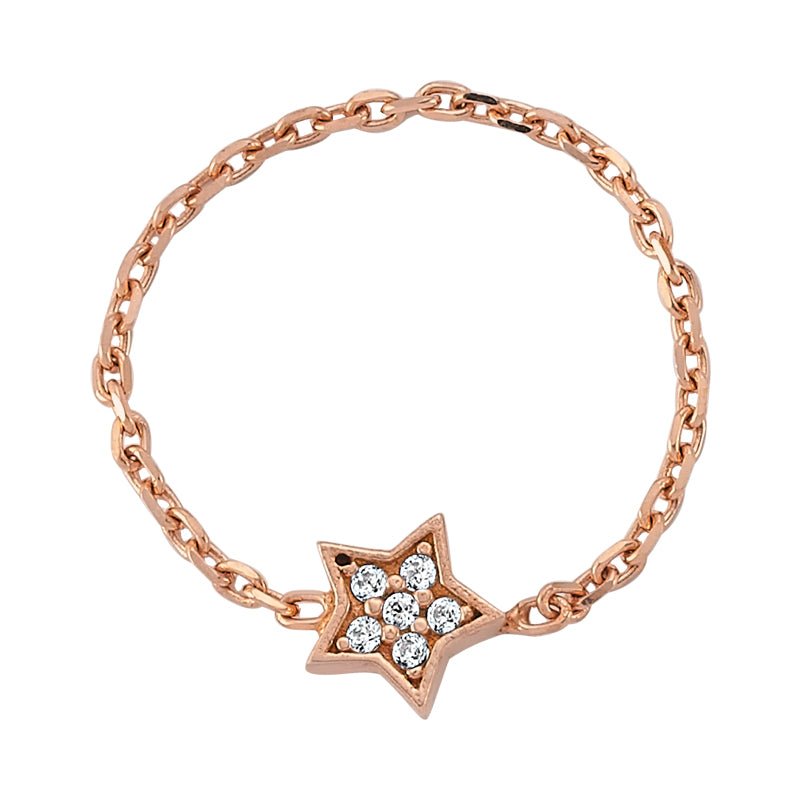 Dainty Star Chain Silver Ring with Crystals, featuring a delicate star design in 925 sterling silver with 18k rose gold plating.