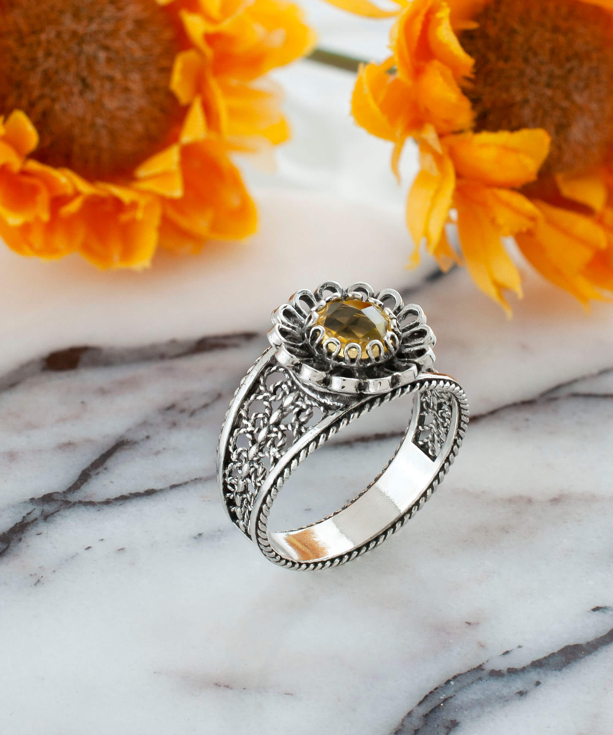 Daisy Figured Citrine Gemstone Filigree Art Silver Cocktail Ring featuring a checkerboard cut citrine stone and intricate filigree design.