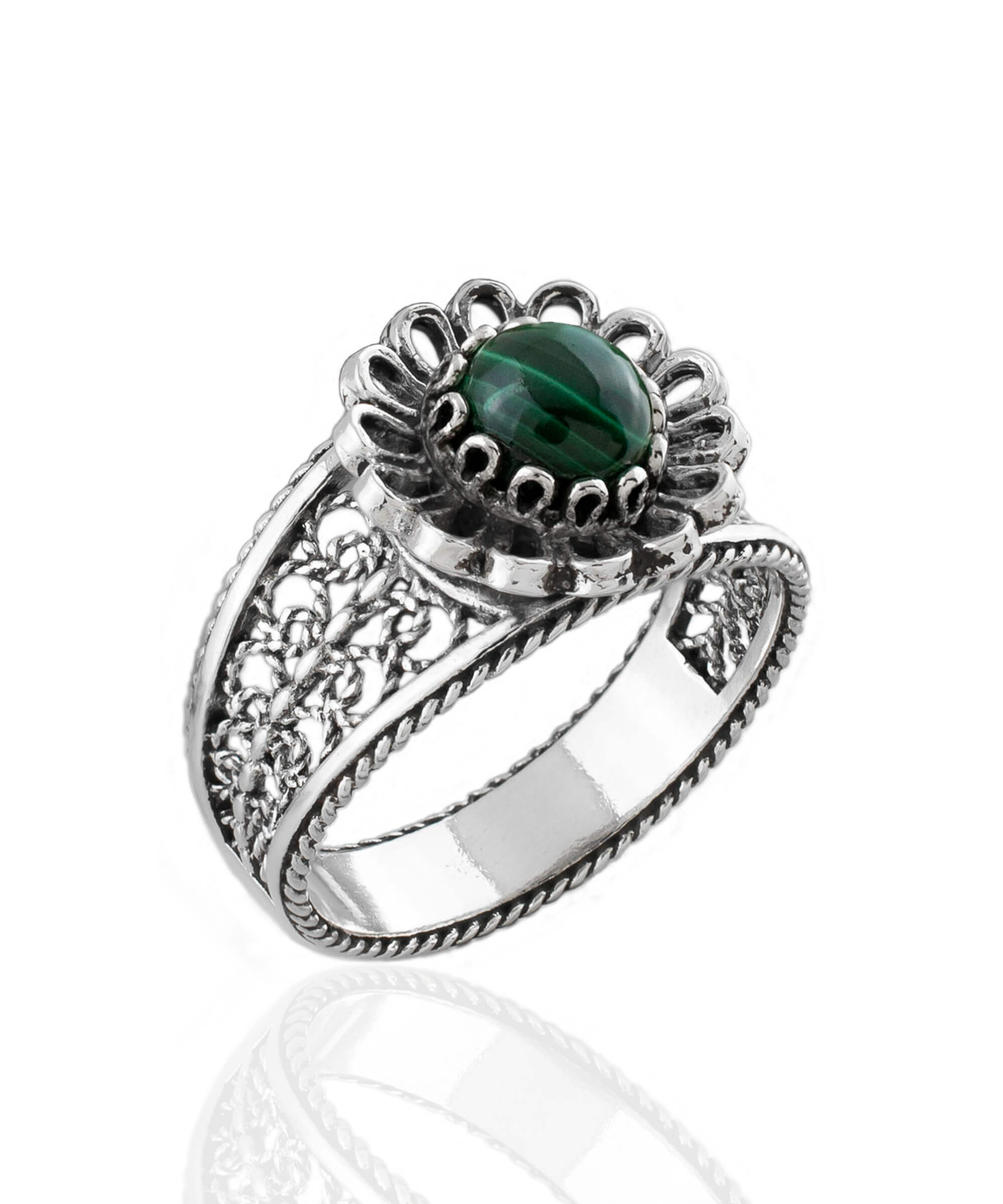 Daisy Figured Malachite Gemstone Filigree Art Ring in sterling silver with a round-cut malachite stone, showcasing intricate filigree design.