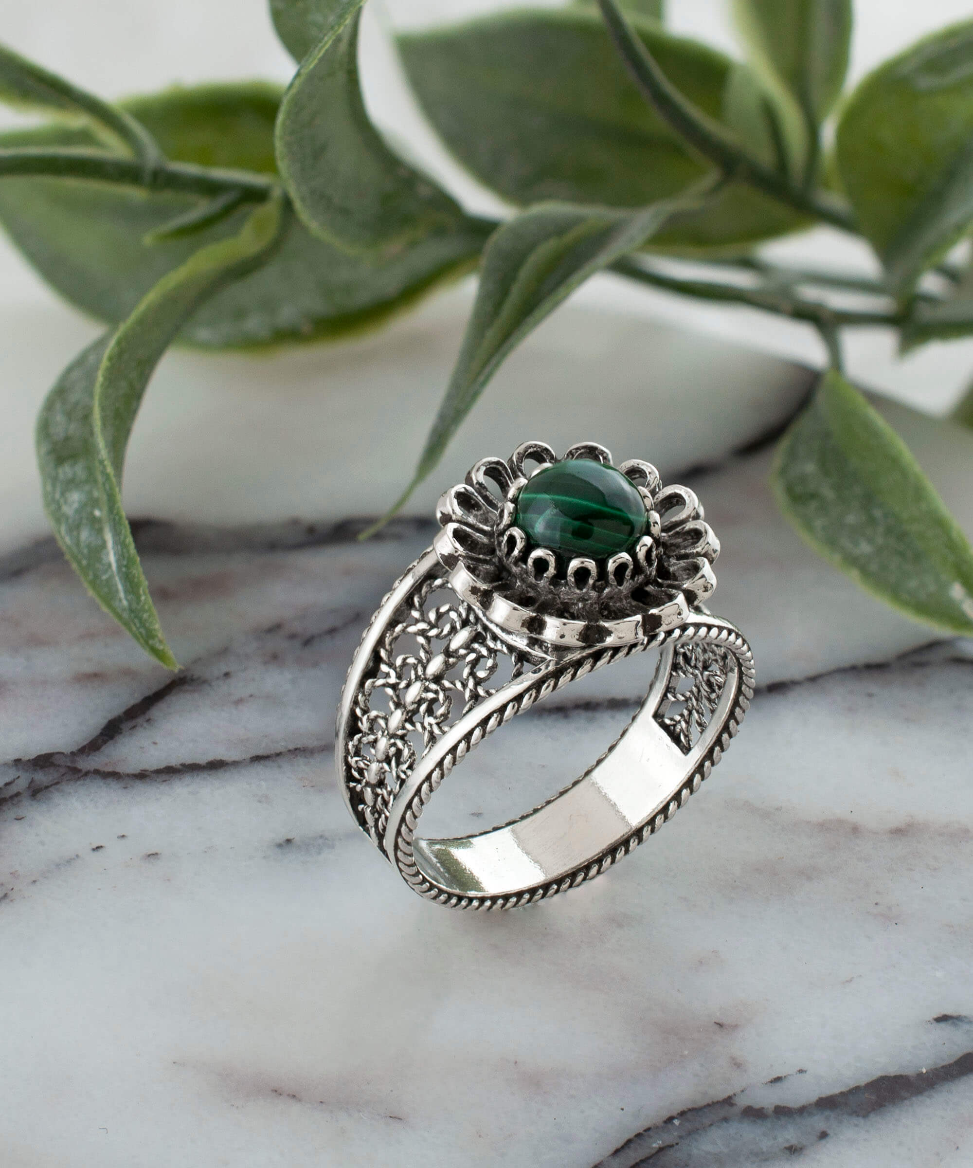 Daisy Figured Malachite Gemstone Filigree Art Ring in sterling silver with a round-cut malachite stone, showcasing intricate filigree design.